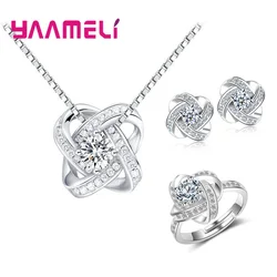 Top Sale Korean Style Wedding Jewelry Sets 925 Sterling Silver Necklace Earrings Ring CZ Crystal Set Fashion Bridal Jewelry