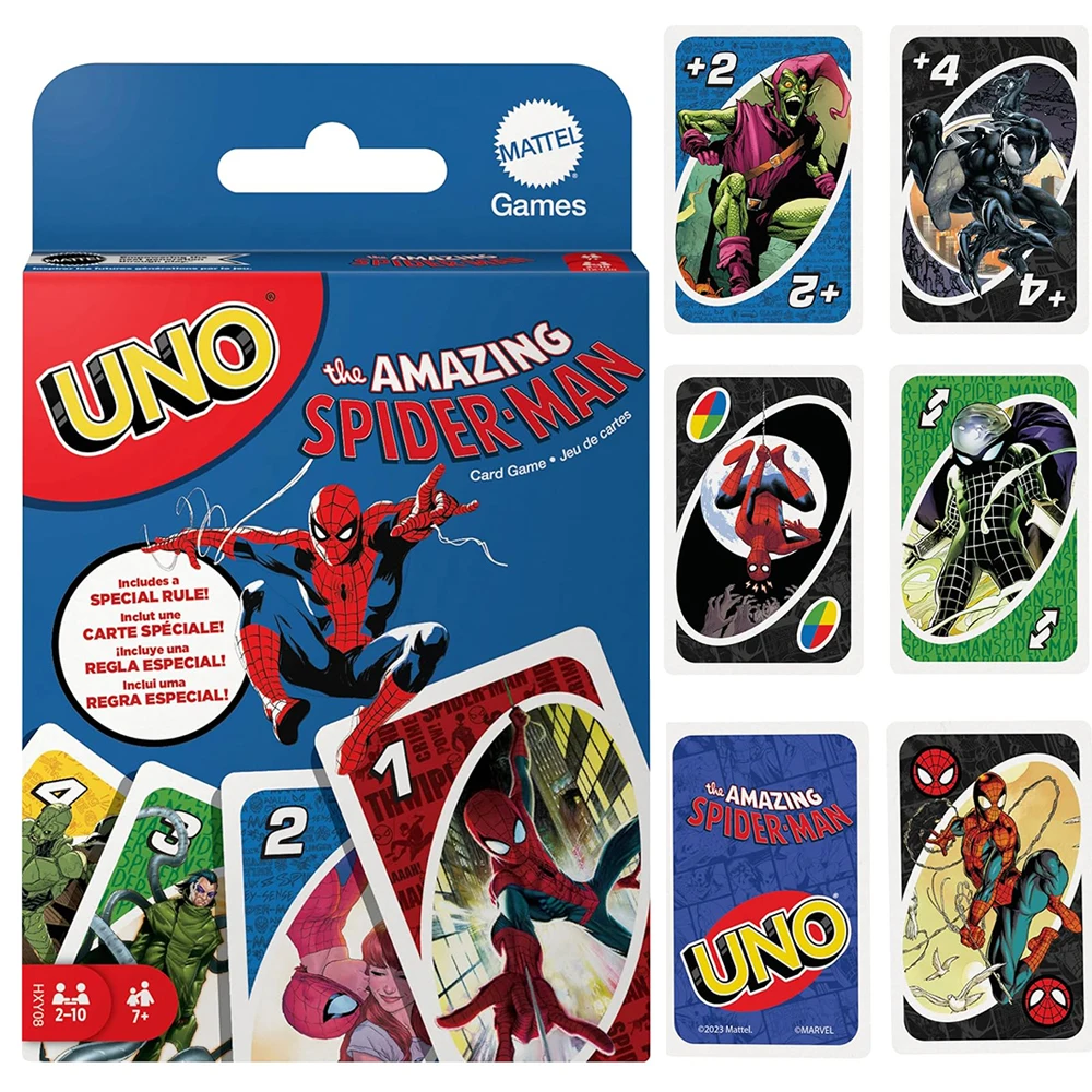 Mattel Games UNO Spider-Man Card Game for Family Night Featuring Tv Show Themed Graphics and a Special Rule for 2-10 Players