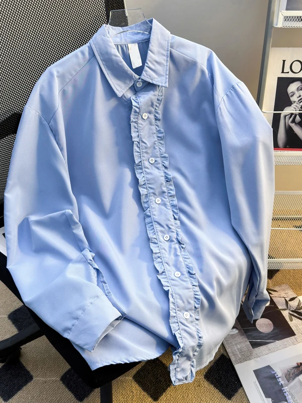 

Blue Long Sleeve Shirt Unisex Casual BF Style Korean Atmosphere Fashionable Loose Fit Spring Youth Popular Pure Color Top