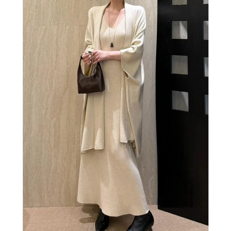 

Осень-зима, женское повседневное свободное длинное платье без рукавов, комплект из двух предметов, женское модное вязаное пальто с рукавами «летучая мышь», платья, костюмы