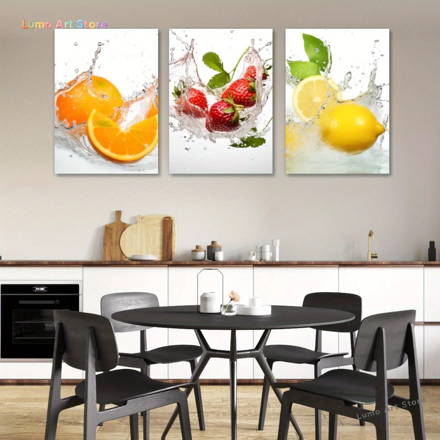 3-Panel Vibrant Fruit Art Print Set Unframed  Canvas Painting– Strawberry, Lemon & Orange with Water Splash Design – Modern K