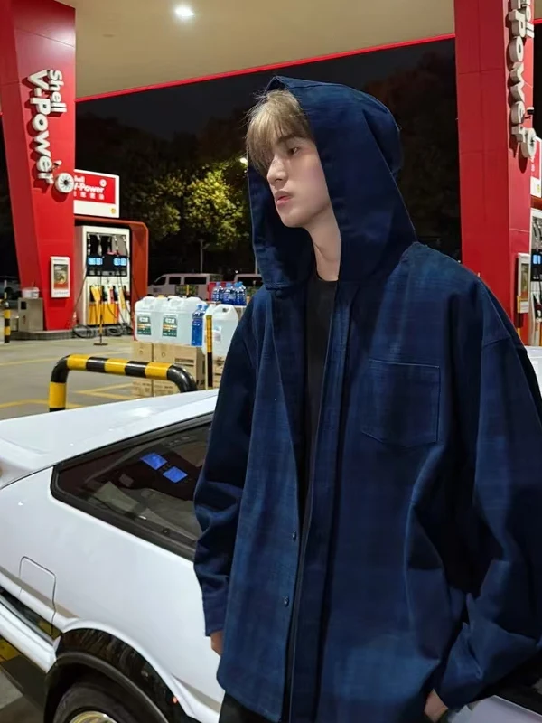 

Cleanfit Blue Plaid Long Sve Men's irt Fce Waed Hooded Jaet Retro Japanese Sle Loose Fit Spring Youth Faion