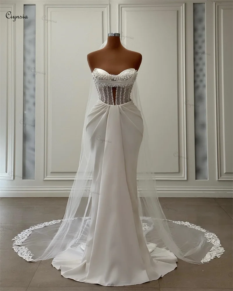 Ciynsia-Vestidos De Novia De sirena blancos, elegantes vestidos De Novia con perlas De lujo, vestido De Novia con velos 2024