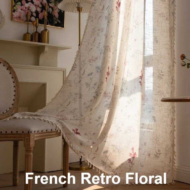 1Panel Vintage Floral Curtain Hand-stitched Fringe Semi-Blackout Curtain No Drill Kitchen Window Curtain for Living Room Bedroom