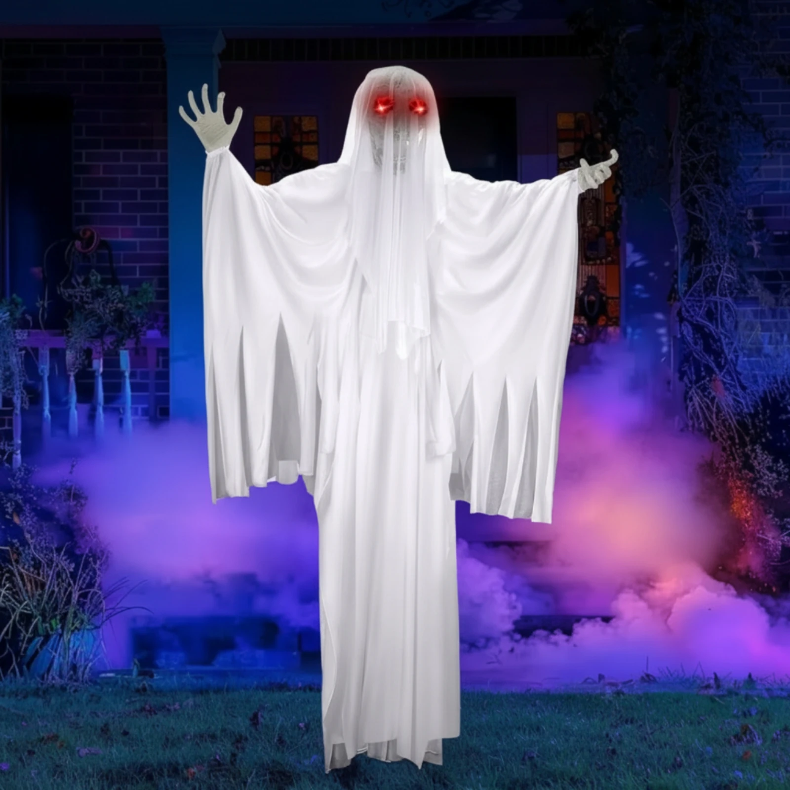 Standing Ghost with Poseable Arms Creepy Ghost Prop with Glowing Eyes Life-Size Indoor for Homeowners, Yard, Porch