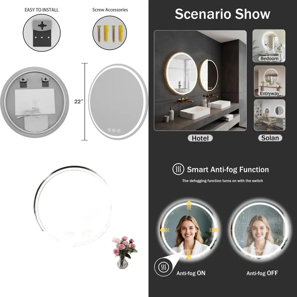 

22 Inch Round LED-Illuminated Bathroom Mirror with 3 Color Brightness Options for Vanity, Entryway, and Living Room