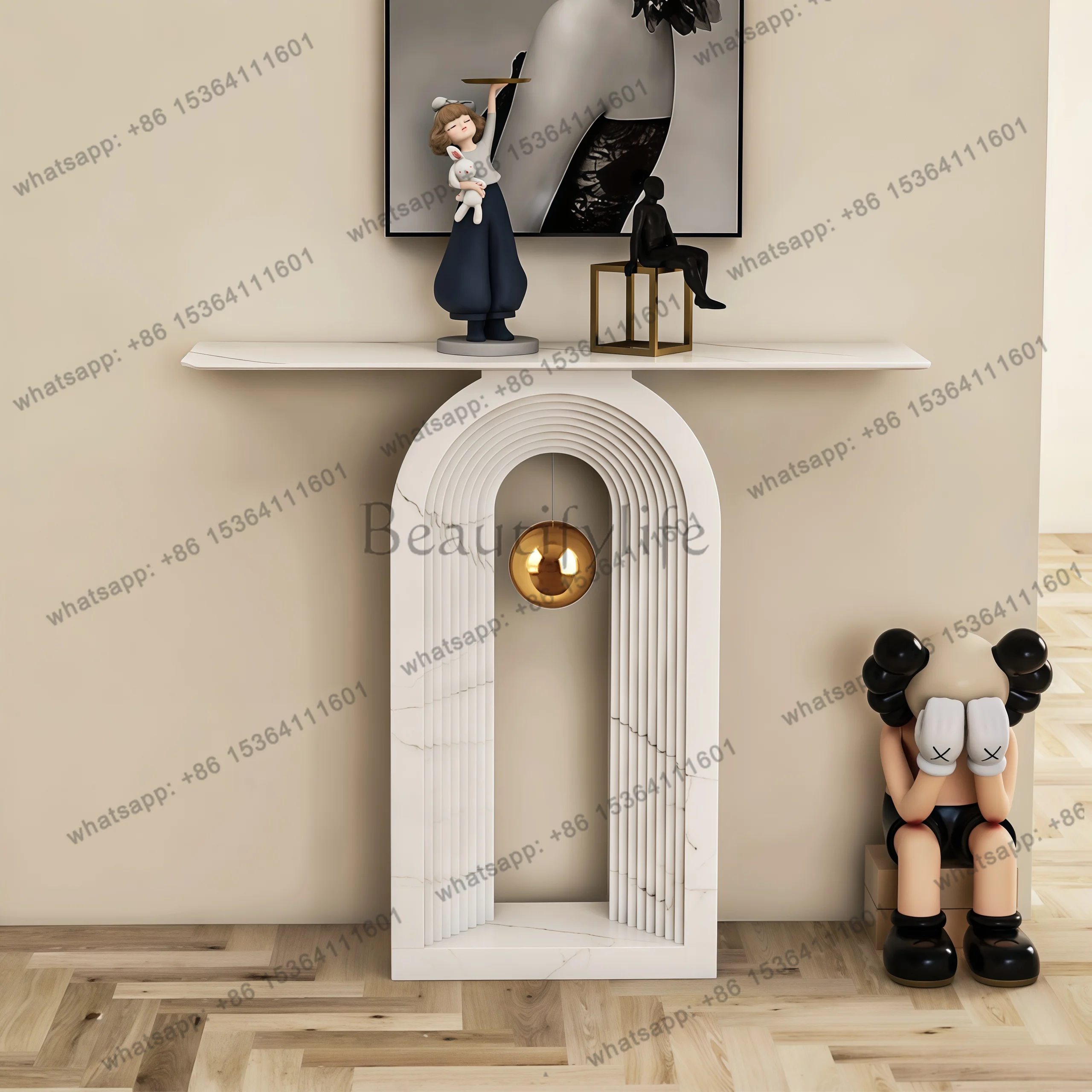Italian light luxury high-end i-style cream French entrance door semi-round entrance table
