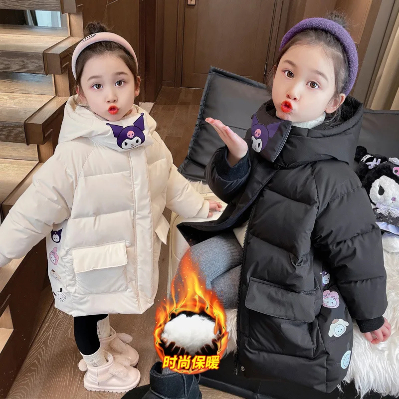 Sanrio Girls' Cotton-Padded Jacket, Winter Velvet Thickened Down Jacket, Outdoor Warm, Cute Cartoon Kuromi Clothing Gift