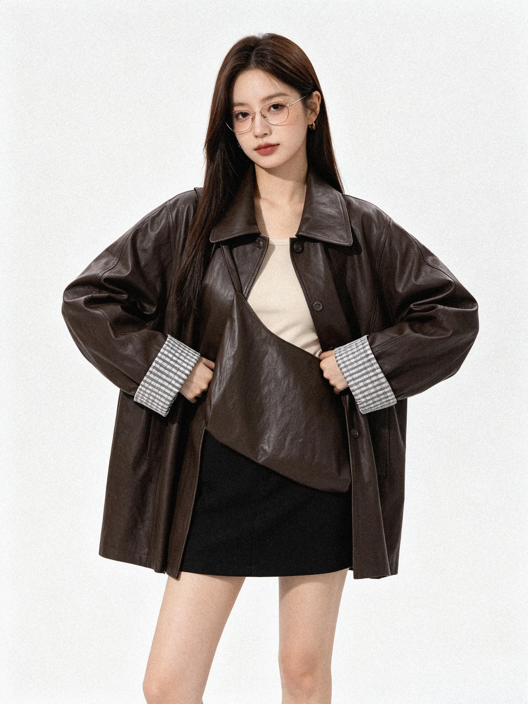 Slimming Plaid Leather Jacket Autumn 2026 Korean Style Patchwork Biker Jacket Versatile Outerwear for Young Women