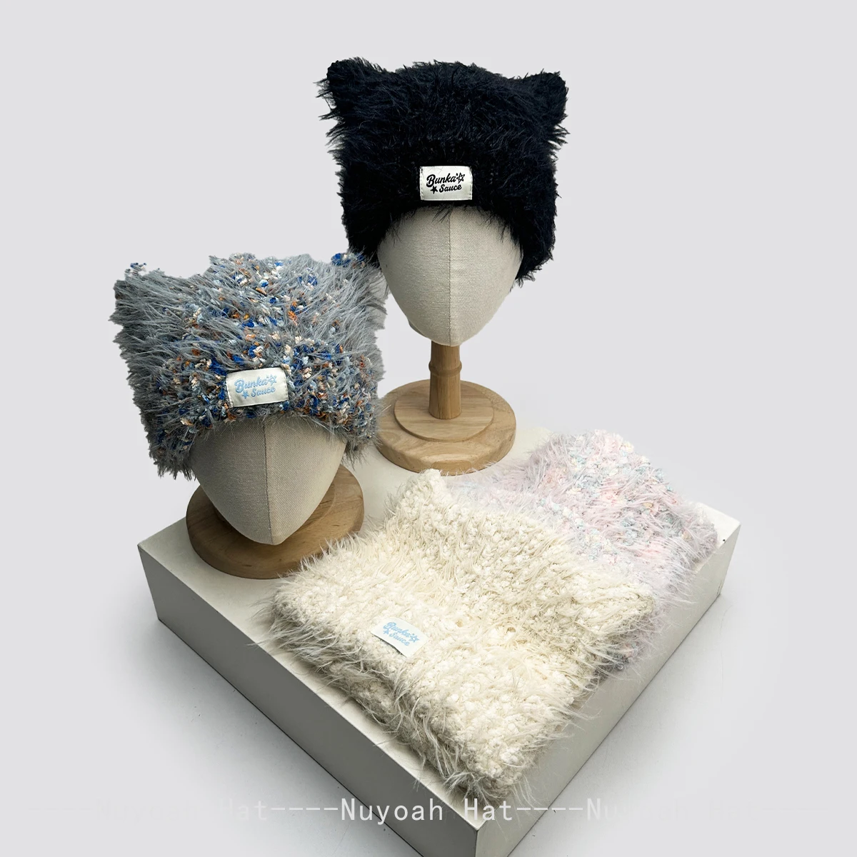 New Women Korean Cute Cat's Ears Patched Letters Plush Knitted Hats Warm Cartoon Fashion Sweet Beanies Outdoor Versatile Casual