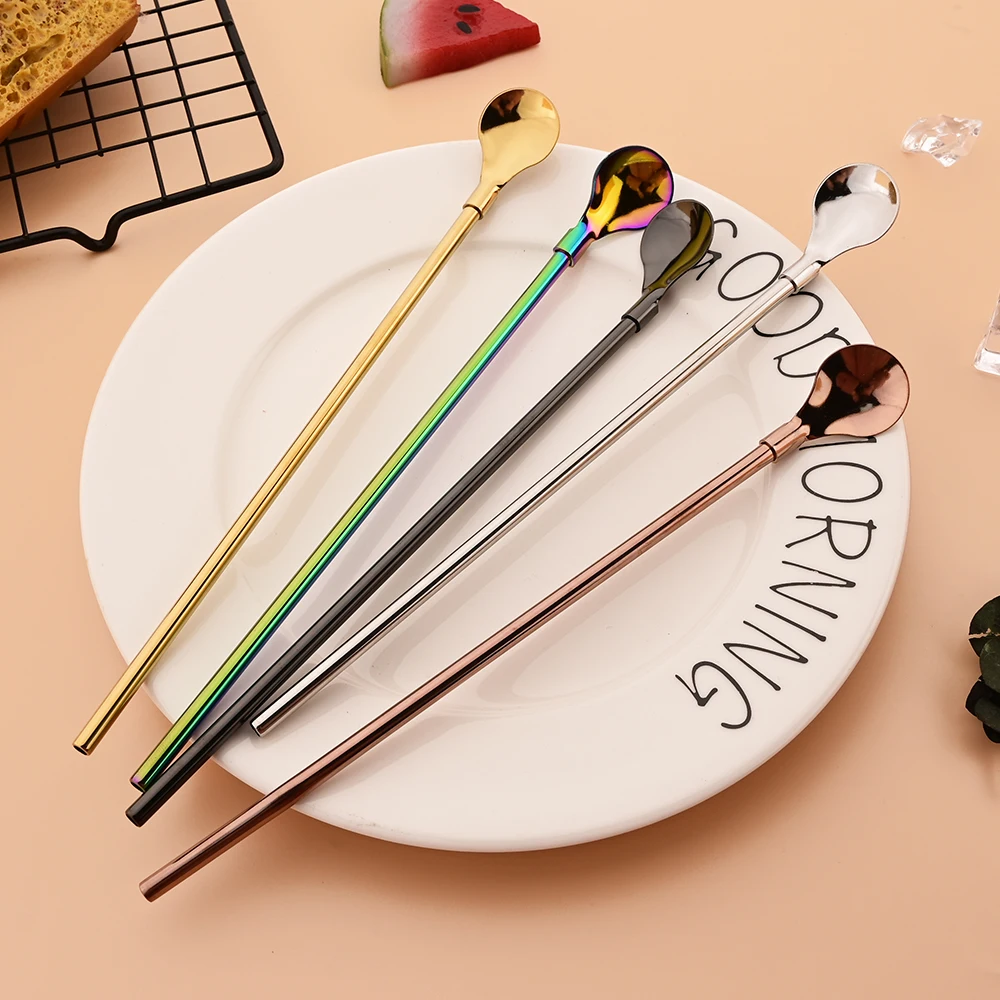 9Pcs 2-in-1 Stainless Steel Straw Spoon Set Reusable Drinking Straws for Milkshakes Cocktails Coffee Juice Party Bar Accessories