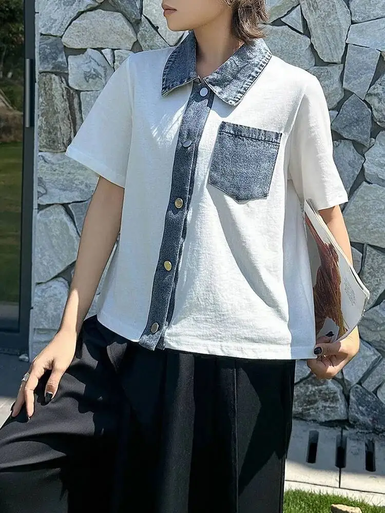 Women White Denim Color-block Big Size Casual Blouse New Lapel Short Sleeve Shirt Fashion Tide Spring Summer