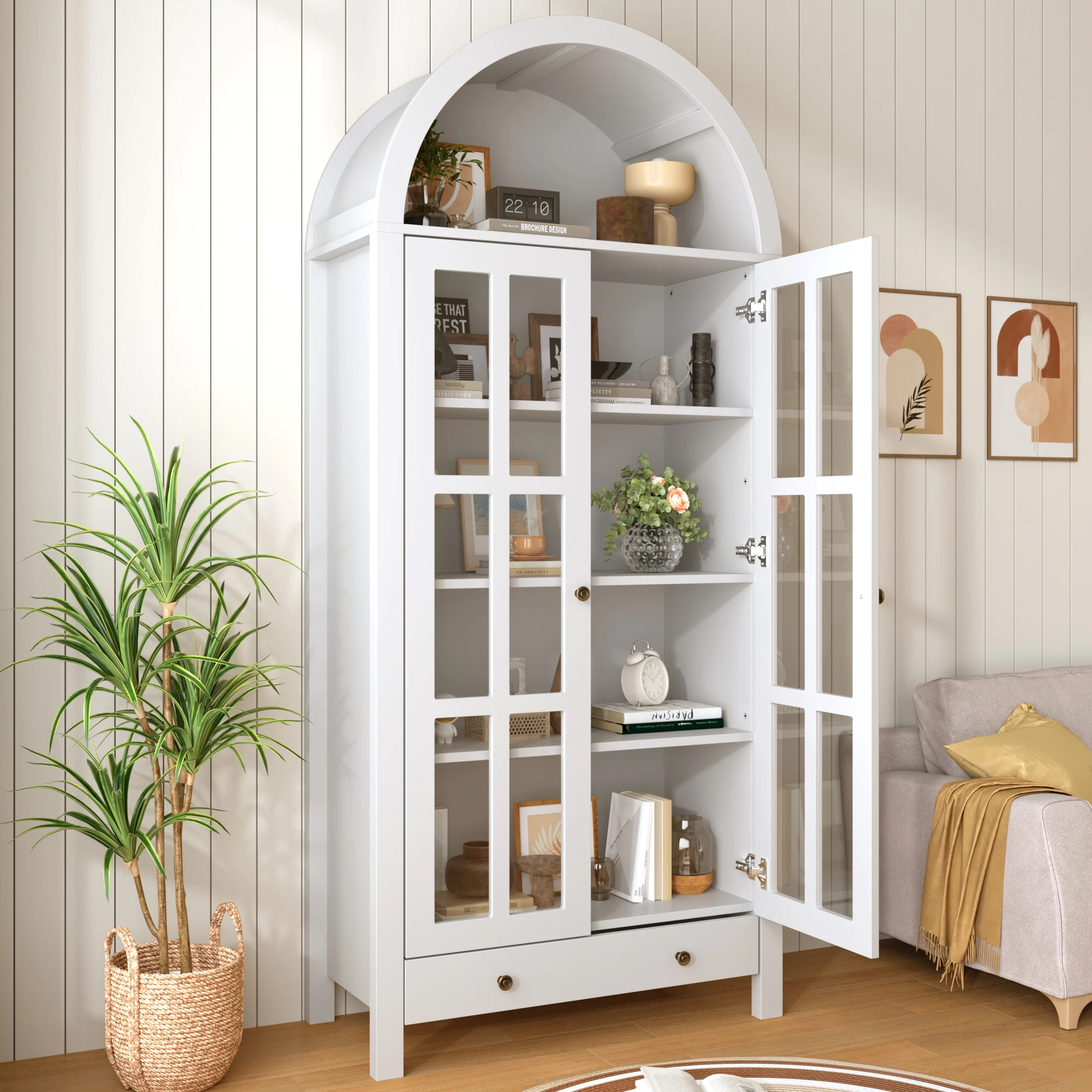 Vitrine moderne à arche avec portes en acrylique, étagères réglables et tiroir de rangement. Étagère incurvée multifonctionnelle pour salon, bureau, chambre à coucher. Vitrine en MDF avec étagère supérieure ouverte et compartiment caché pour décorations, livres et objets de collection