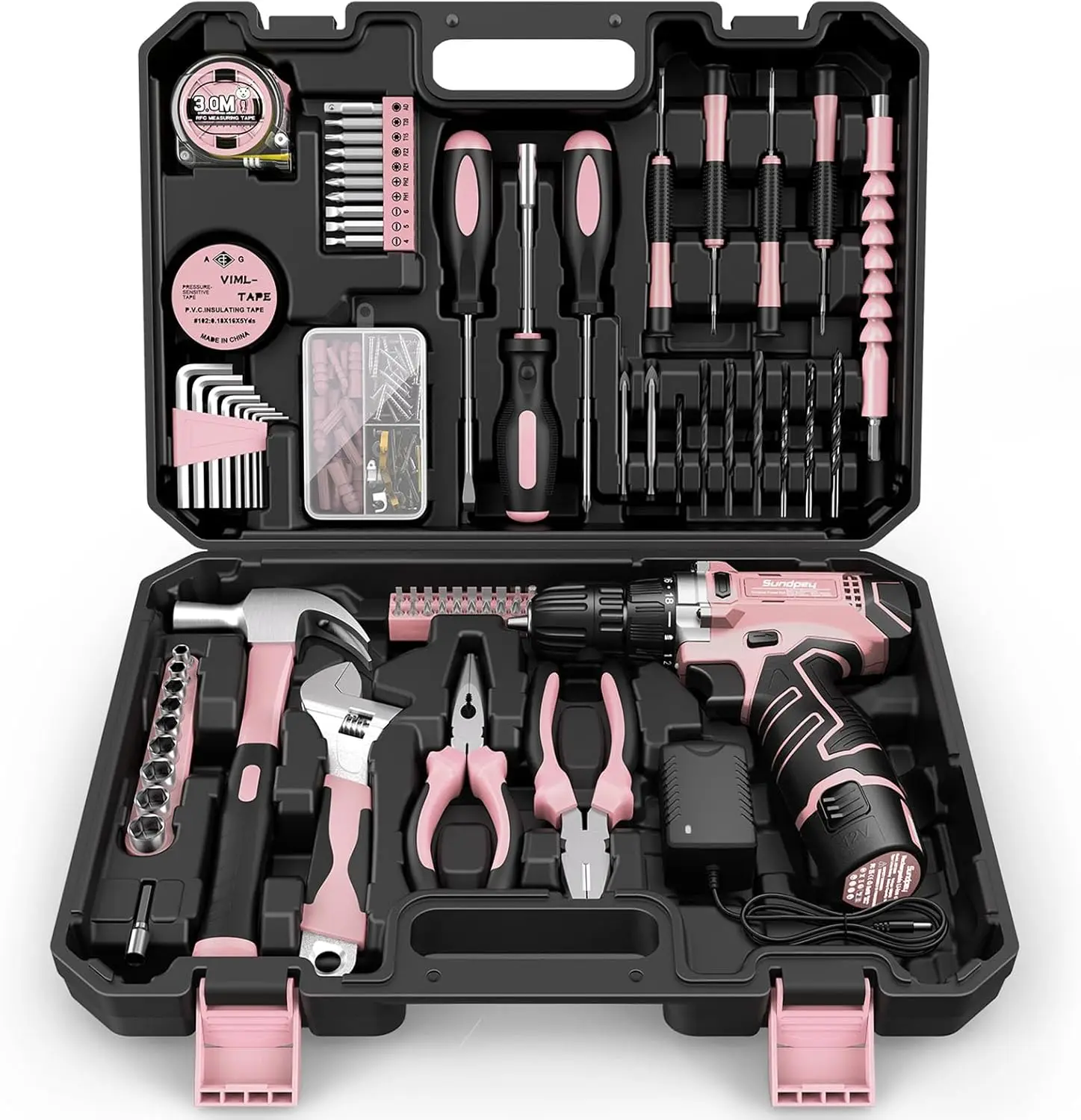 

206-Piece Pink Tool Kit with Cordless Drill for Women - DIY Home Repair Set Including Screwdrivers & Pliers
