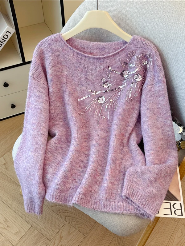 

Корейский высококачественный свитер с пайетками, женский ранний осенний свободный милый вязаный топ на каблуках, влюбленный в этом выглядеть