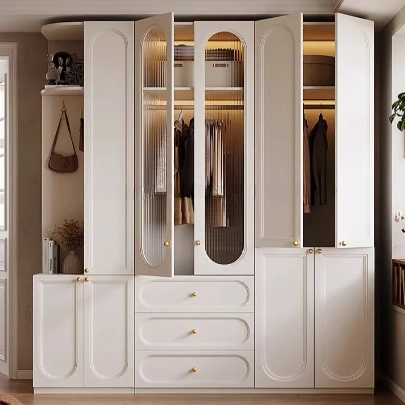 French Cream Style Segmented Wardrobe Storage Cabinet Minimalist Modern Heightened Wardrobe Bedroom Furniture Reeded Glass