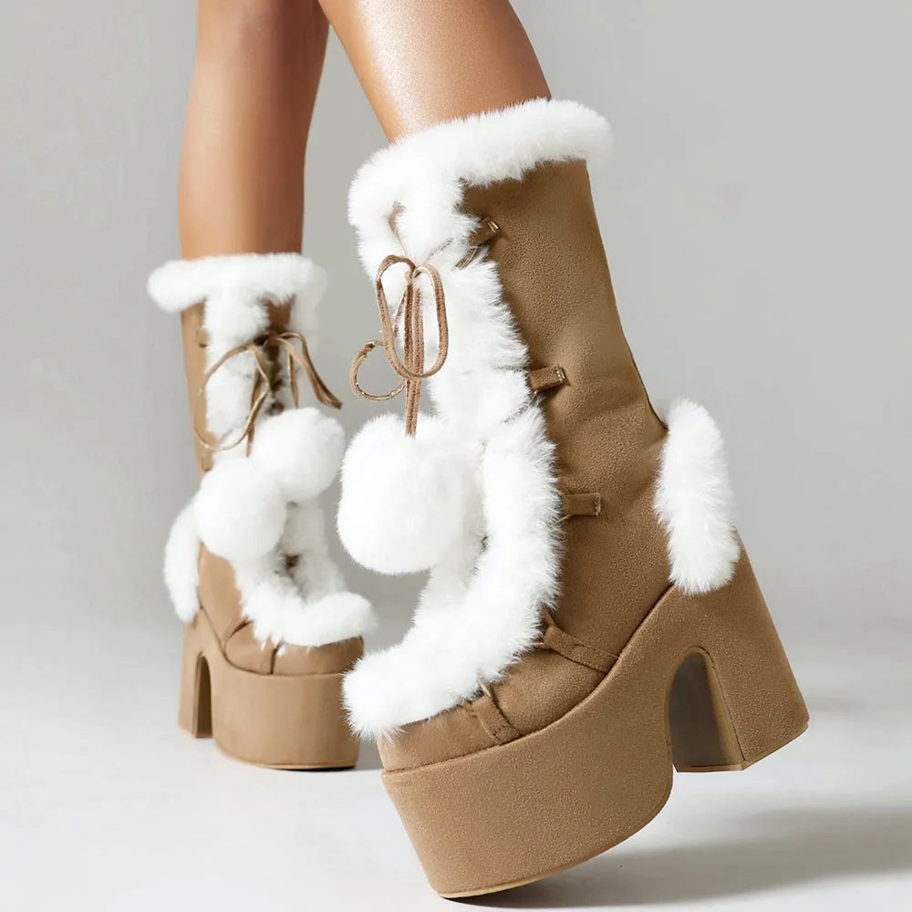 Big Size 46 Winter y2k Pink Knee High Boots Women White Chunky Platform Boots Gothic Black Faux Fur Block High Heels Boots Shoe