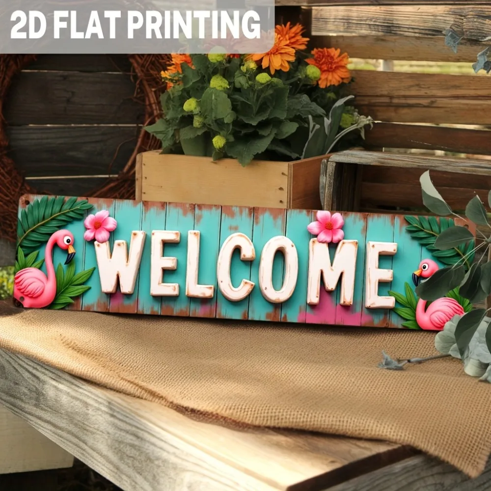 1pc Metal Flamingo Sign - Tropical Rustic 2D Flat Welcome Decor with Pink Flamingos & Green Leaves, for Bedroom Living Room