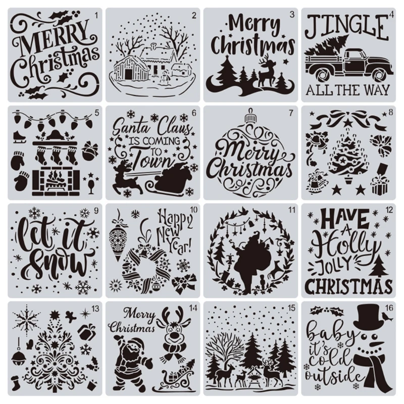 Pack of 16 Christmas Drawing Template Stencils Reusable Anti-break Painting Stencils for Painting on Wall Glass