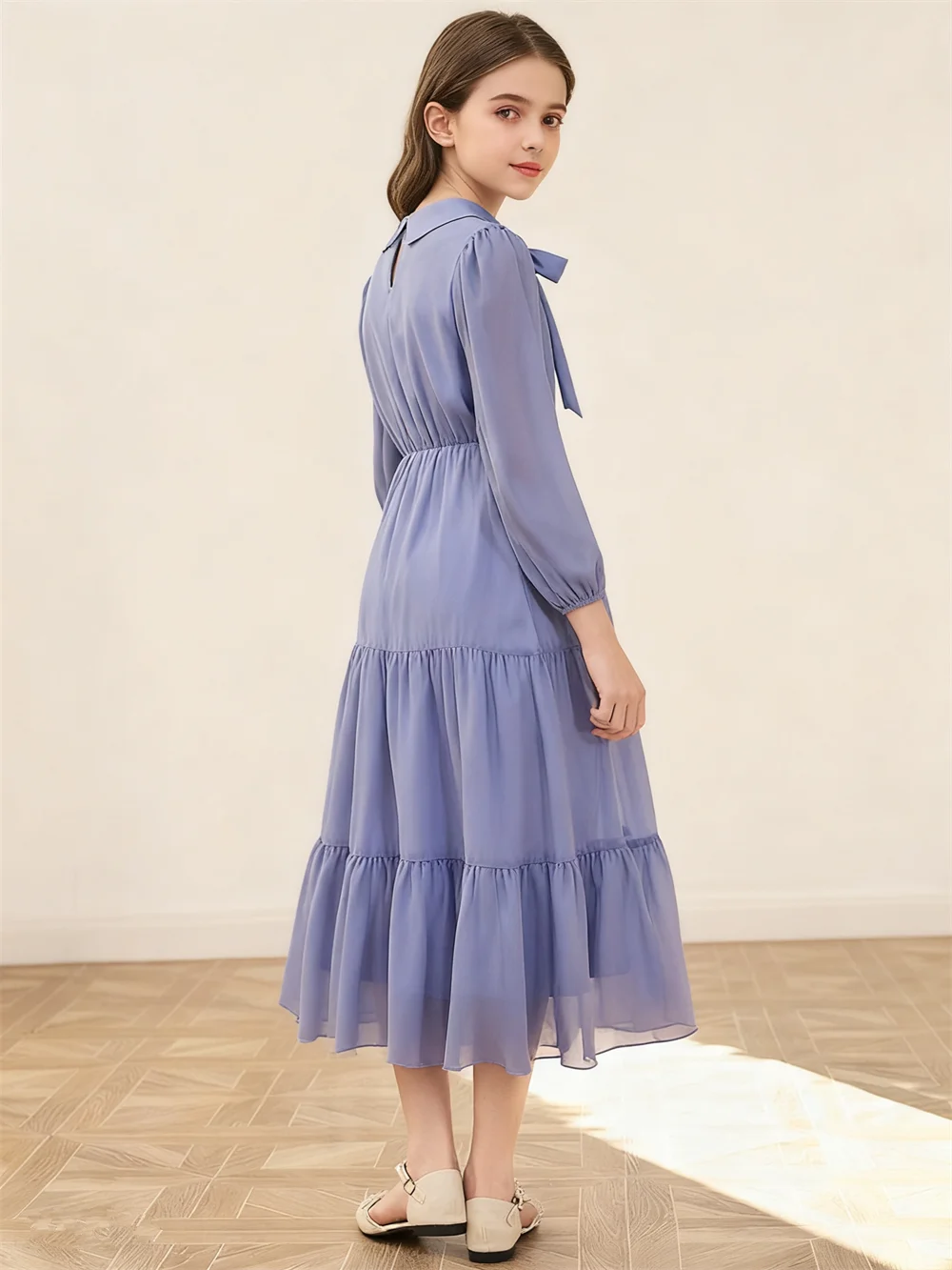 

Новое шифоновое платье макси для девочек с бантом Абая, мусульманское детское многослойное платье с оборками, Дубайский кафтан, турецкий кафтан, арабское платье Vestidos, платье Ид Джеллаба