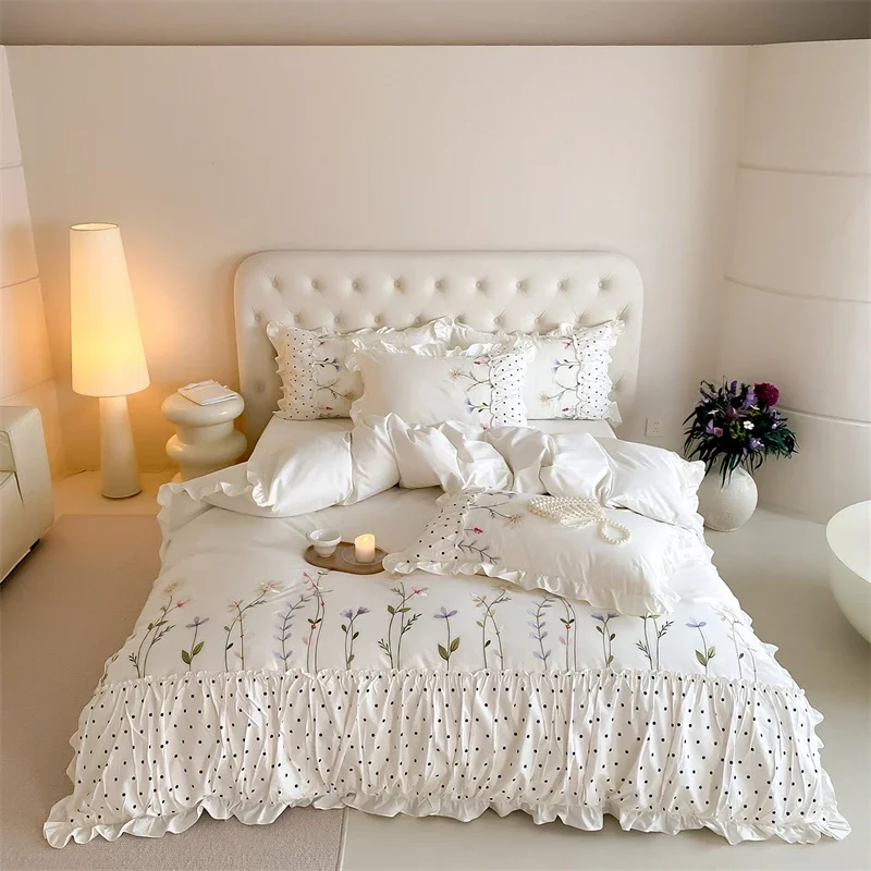 100% Cotton Flowers Embroidery Ruffles Bedding Set Single Queen King Size Duvet Cover Bed Sheet/Fitted Sheet Pillowcases 3/4Pcs