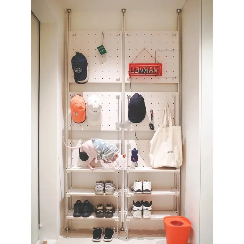 Aluminum profiles, white perforated panel shelves, storage racks, floor to ceiling multi-layer display shelves