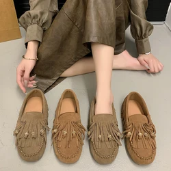 2024 Summer All-match Flat Bean Shoes Slip-on Lazy Women's Shoes Soft Soles Shallow Mouth Retro Tassel Women's Shoes