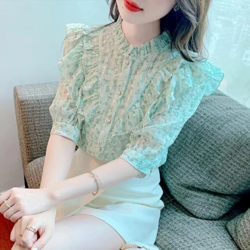 

Simplicity Office Lady Summer Women's O-Neck Print Ruffles Single Breasted Fashion Elegant Loose Short Sleeve Chiffon Shirt Tops