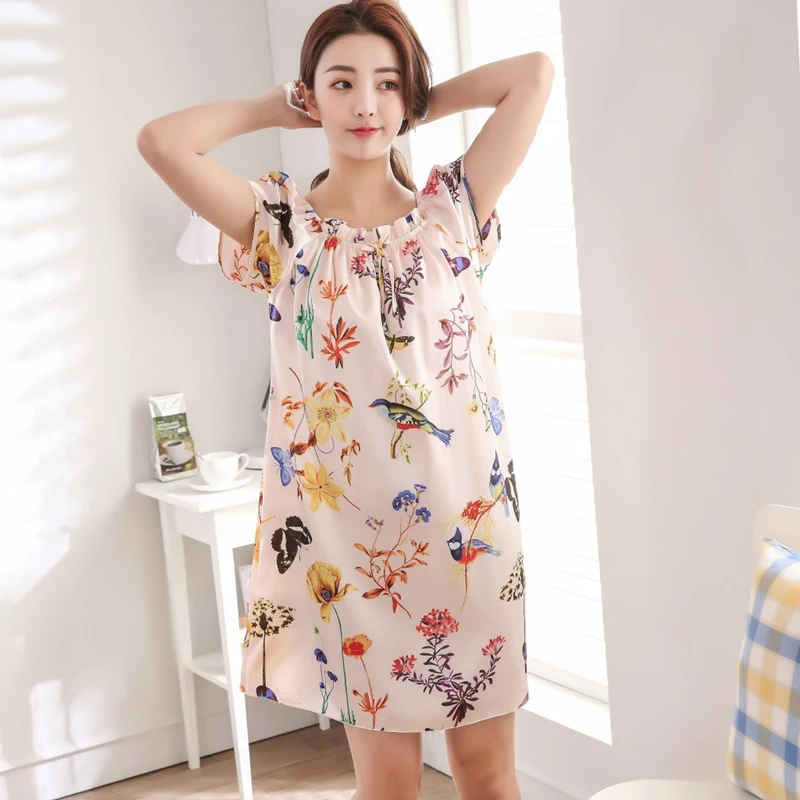 Nightgowns Women Summer 5XL Fashion Sleepwear Luxury Elegant Womens Floral Print Satin Silk Nightgown for Women Sleepshirts