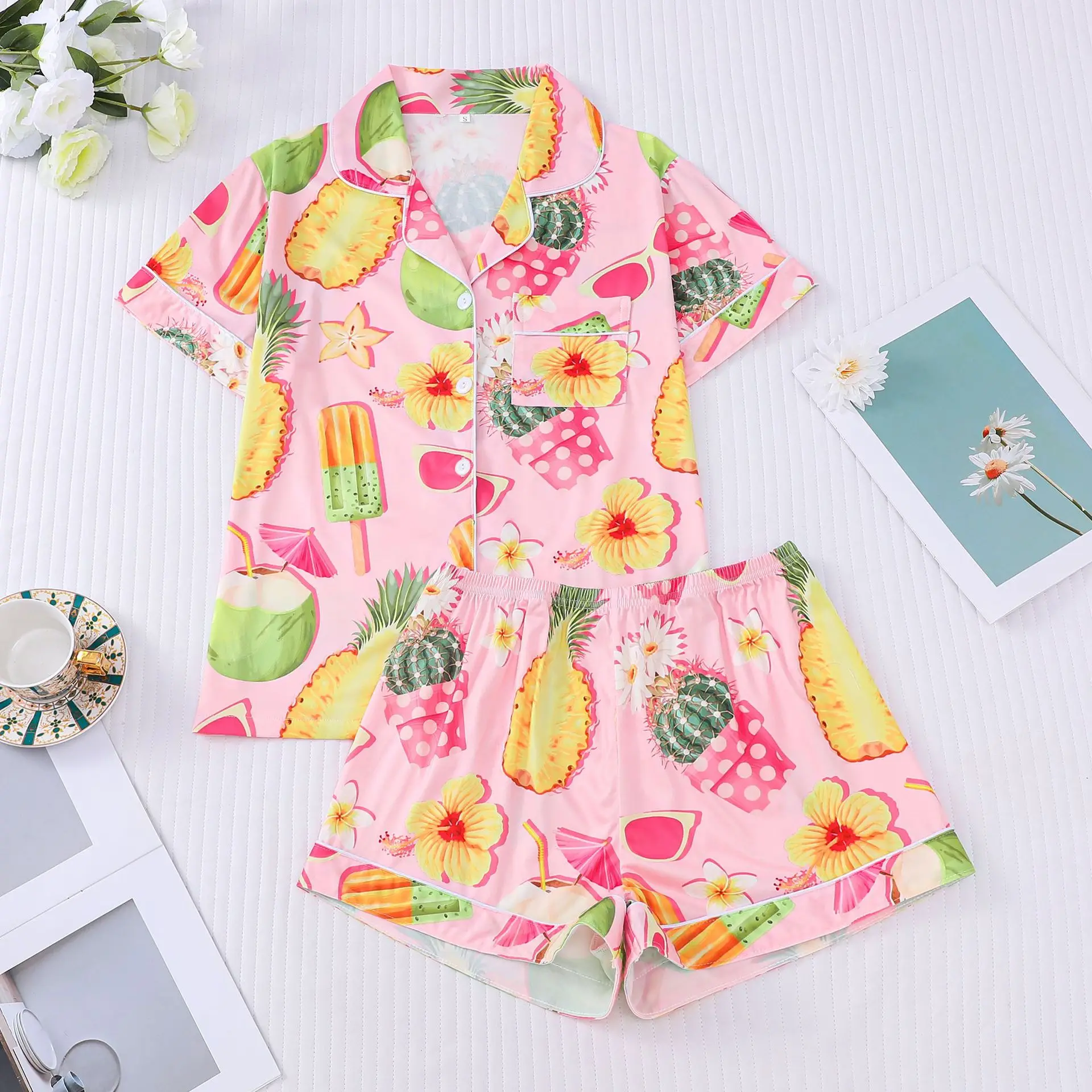 Tropical Fruit Print Pajama Set Women's Short Sleeve Home Wear Loungewear Sleepwear Summer Nightwear for Vacation Holiday Gift