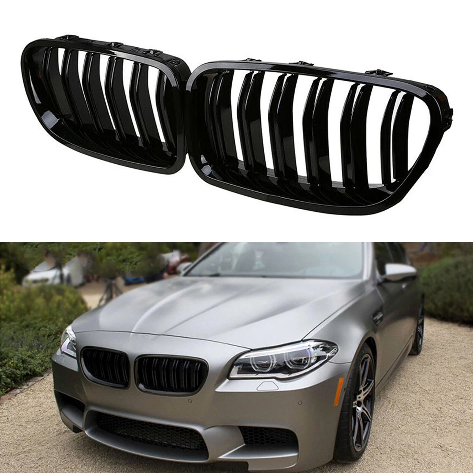 

Glossy Black Car Front Kidney Grille Double Line Fin Upper Bumper Hood Mesh Grill For BMW 5 Series F10 F11 F18 Sedan 2010-2017