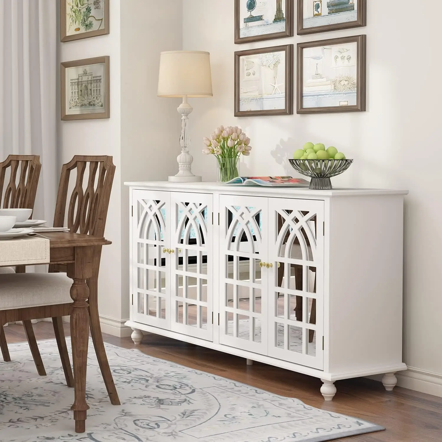 

Sideboard Buffet Cabinet with 4 Storage Compartments & 4 Carved Mirror Doors, Kitchen Console Table Storage Cabinet Coffee Bar