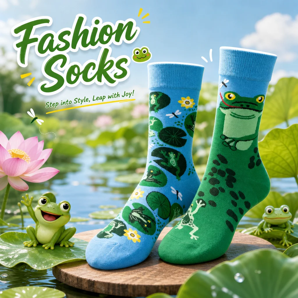 1 Pair of fashion socks with an asymmetrical Frog print design, Unisex Socks