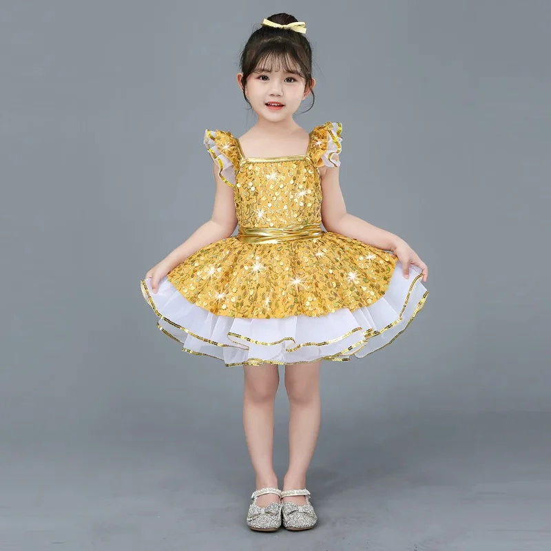 Golden Modern Sequin Dance Costume Girls Lyrical Contemporary Freestyle Yellow Dance Dress Girls Stage Wear Festival Celebration