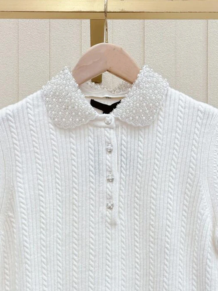 

Maje Migi Women's Knitted Sweater Pearl Embellied Turn-down Collar Winter Faion Simple Sle Long Sve Regular Fit Top