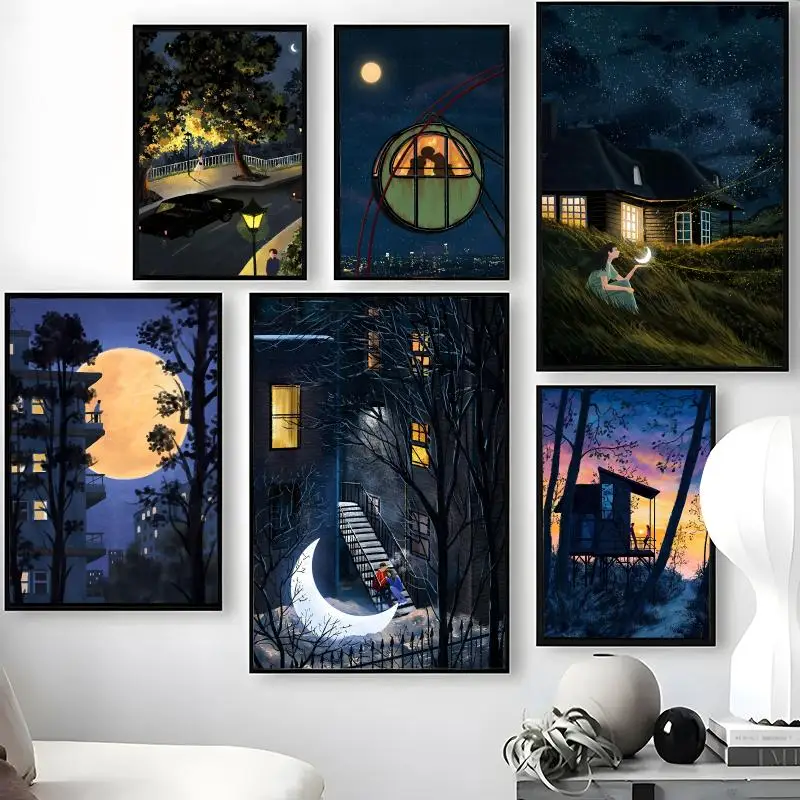 Missing love at night Poster Waterproof Self-Stick Wall Art Stickers, Removable Wall Decor for Living Room and Bedroom