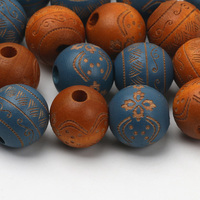 Natural Wooden Beads Carved Pattern Colored Wood Beads 16mm 5/10pcs Loose Round Balls Beads Findings For DIY Jewelry Accessories