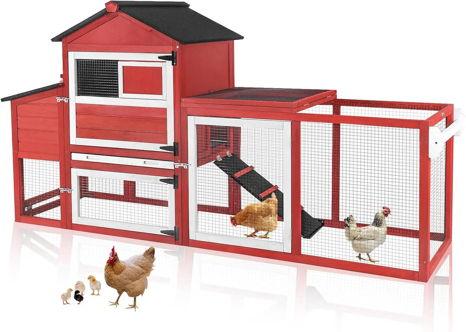 

Expandable Mobile Chicken Coop with Wheels, Nesting Box, Leakproof Tray & UV-Resistant Roof for Outdoor Use (Red)