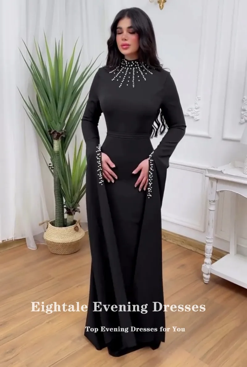 Eightale Arabische avondjurk hoge hals kralen lange mouwen aangepaste zeemeermin moslim bruiloft feestjurk vestido de noche