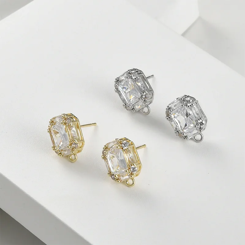 14k Gold Color Retention Square Sparkling Zircon Rectangular with Hanging Studs Handmade DIY Earrings Ear Jewelry Accessories.
