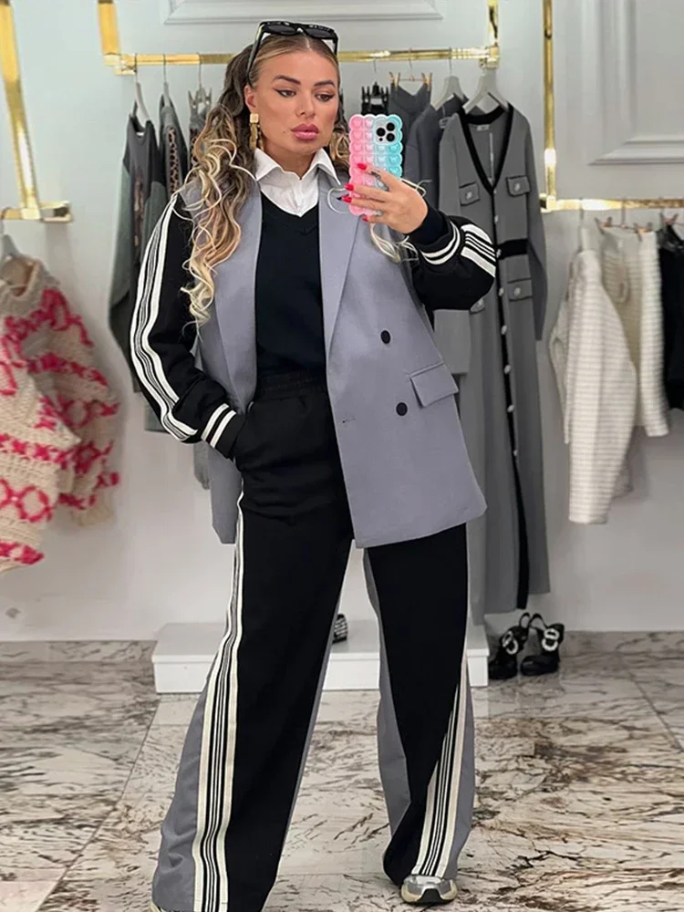 Casual Patchwork Stripe Pants Set Women Long Sleeve Double Breasted Coat Drawstring Loose Trousers  Autumn Office Lady Outfi