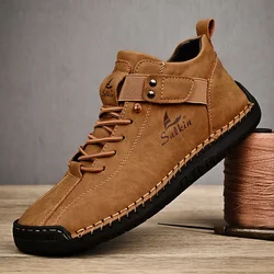 Bota de couro respirável artesanal masculina, tênis design ao ar livre, sapatos casuais, novo, 2024