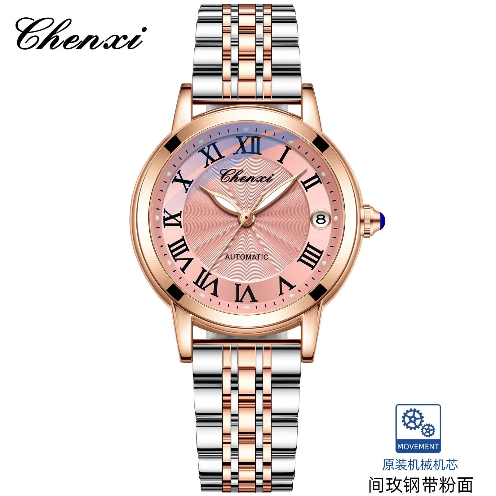 CHENXI 8838 Fashion Women Automatic Mechanical Watch Calendar Luminous Hands Wristwatch Steel Strap Elegant Business Woman Watch