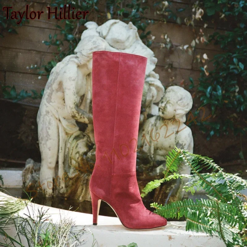

Красные замшевые прямые сапоги, пикантные модные ботинки на среднем каблуке с круглым носком, элегантные сапоги до колена для вечеринок и ночного клуба, женские зимние новинки 43