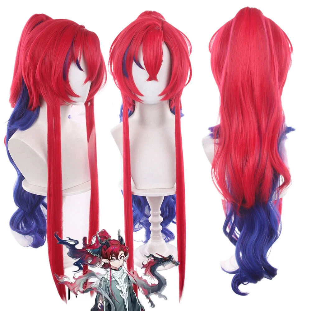 Arknights Cosplay Yu Wig Dark Red Blue High Ponytail 75cm Long Hair Heat Resistant Wigs For Carnival Halloween + Wig Cap