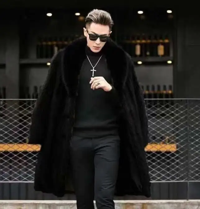 Men\'s Mid Length Coat Winter Fashion New Thickened Casual Loose Fit Black Lapel Faux Fur Coat Male
