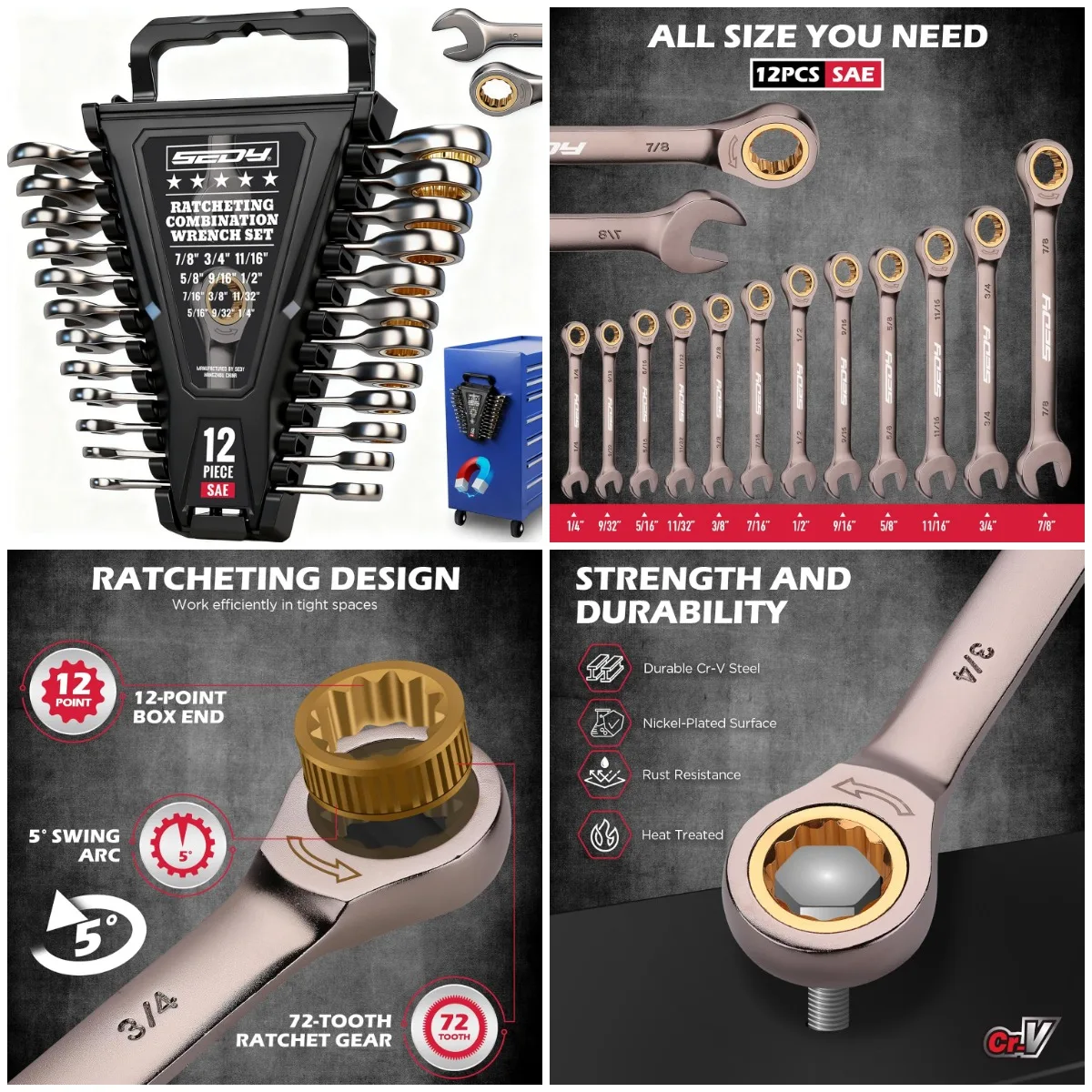 

12-Piece SAE Ratchet Wrench Set, 1/4'-7/8', 72-Tooth, Cr-V Steel, Magnetic Organizer