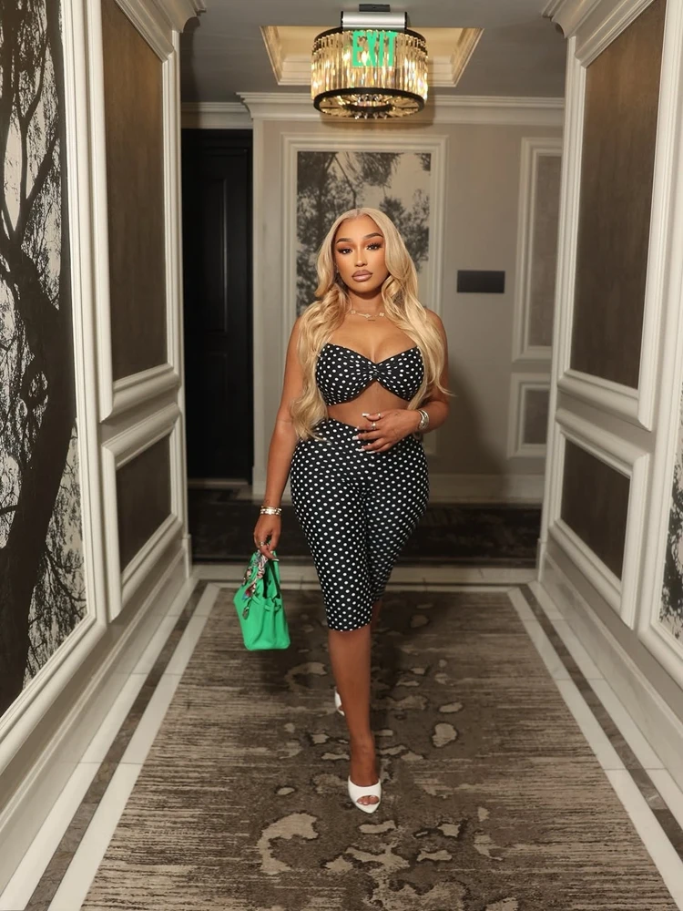 

Sexy Polka Dot Two Piece Set Women's Strapless Crop Top & Capri Pants for Party Club Night Outfits