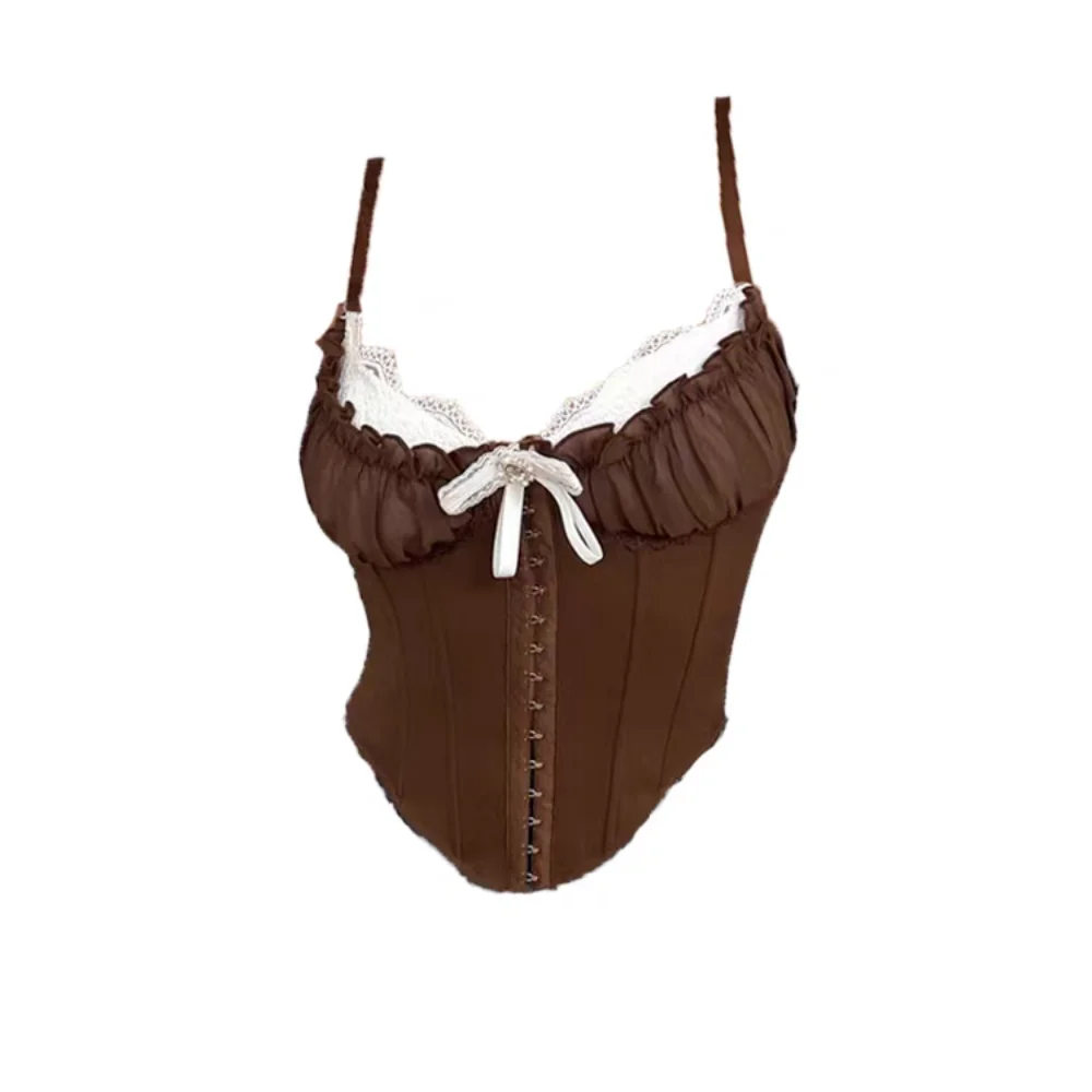 

Elegant Ruffle Lace Flower Camisole Bowknot Sleeveless Slim Crop Tops Tank Buckle Lace Corset Ladies