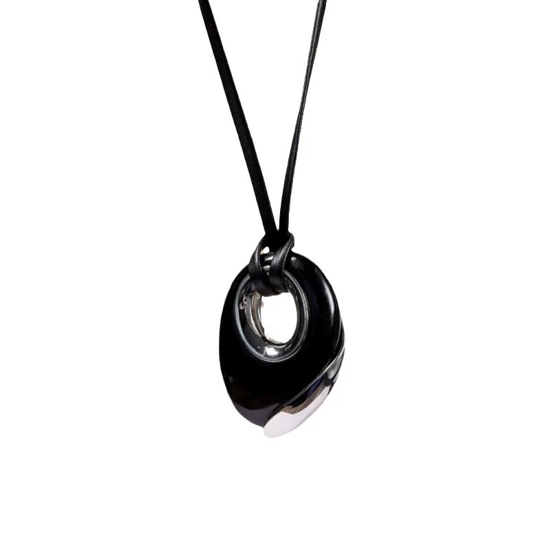 Retro light luxury black agate round leather rope long necklace female niche design irregular pendant sweater chain tide